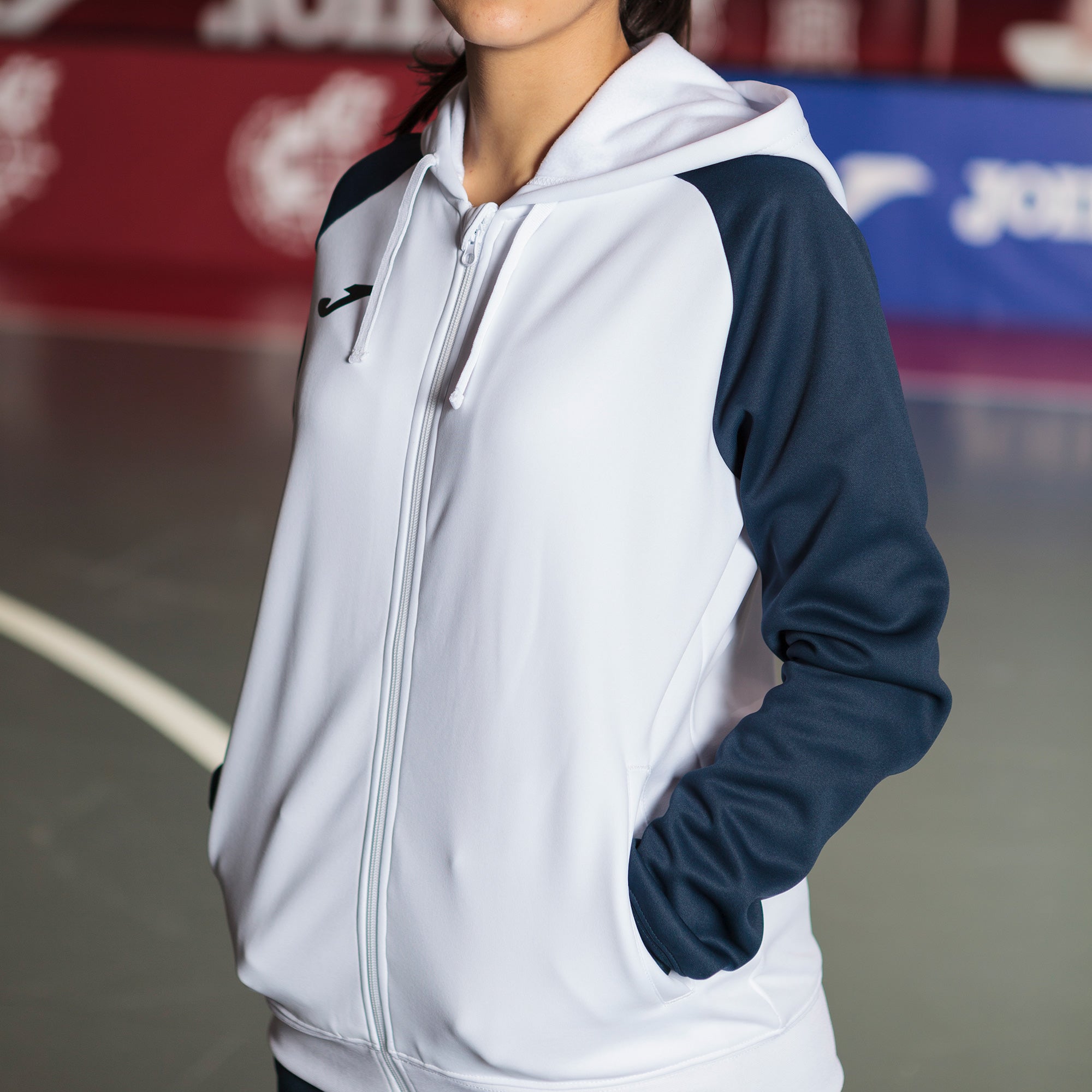 Joma ACADEMY IV Women's Full Zip Hooded Tracksuit Jacket (White Navy Blue)